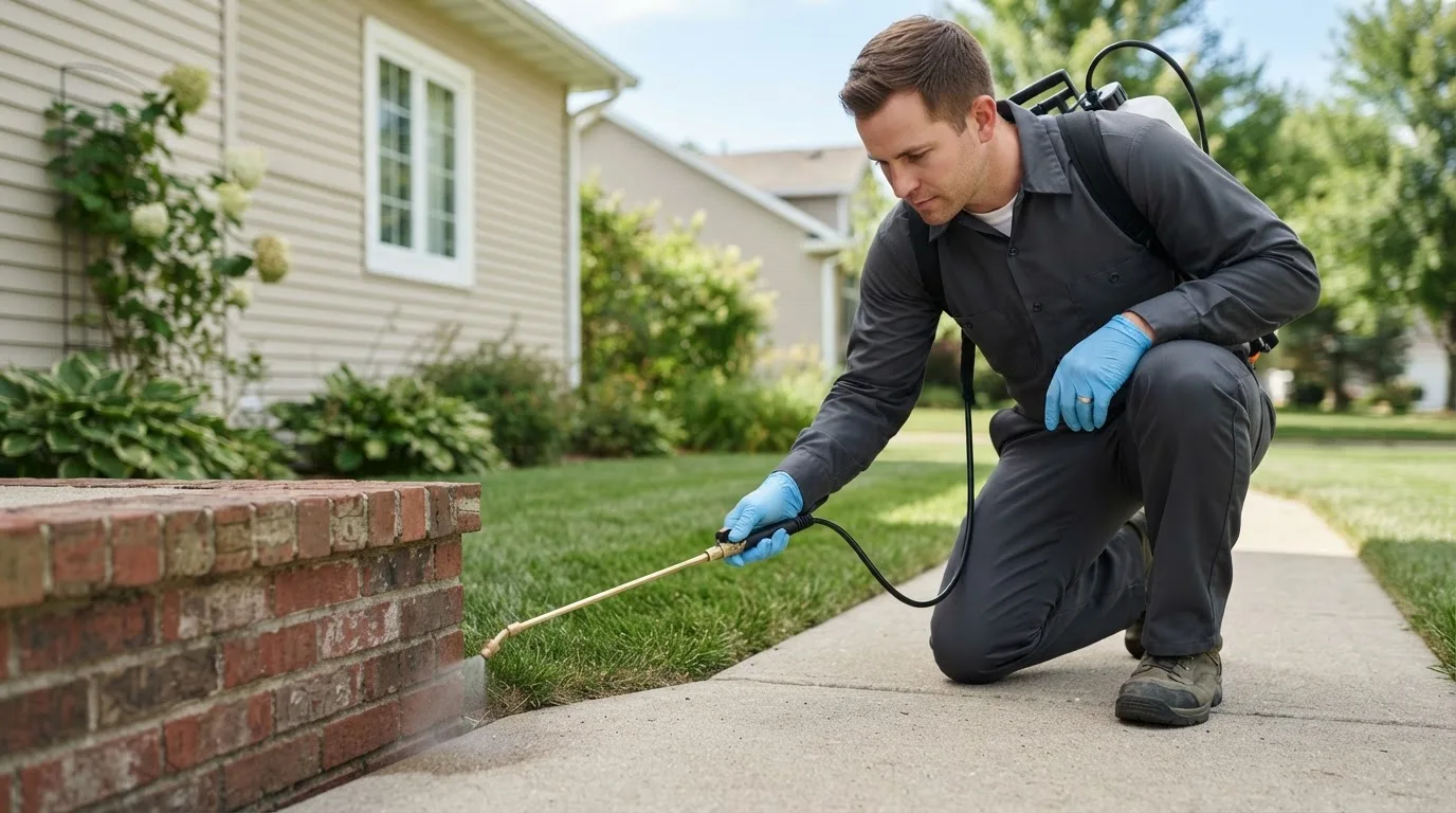 Pest control technician treating a home near New Lothrop, MI