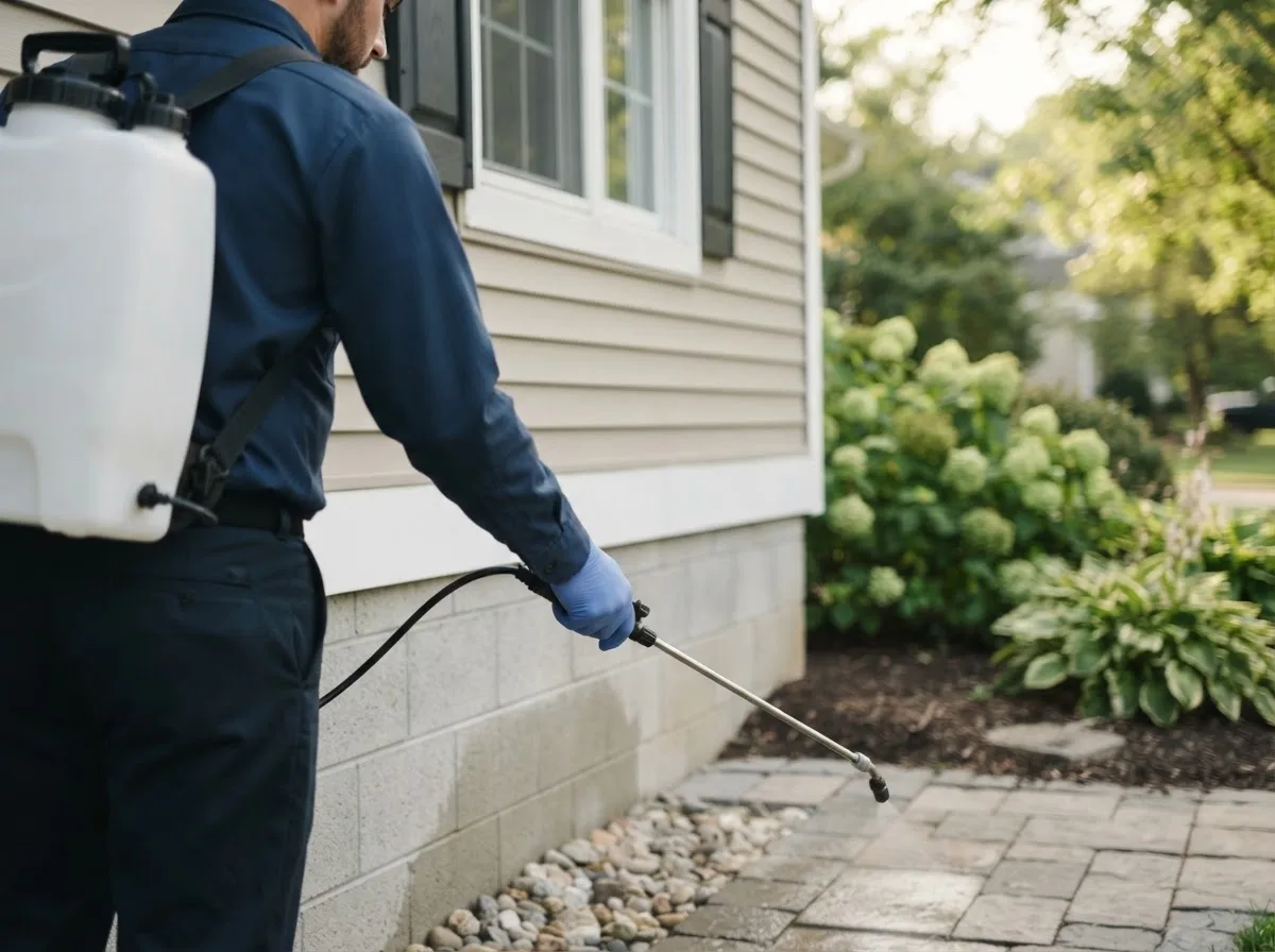 Pest control technician inspecting a home in New Lothrop, MI